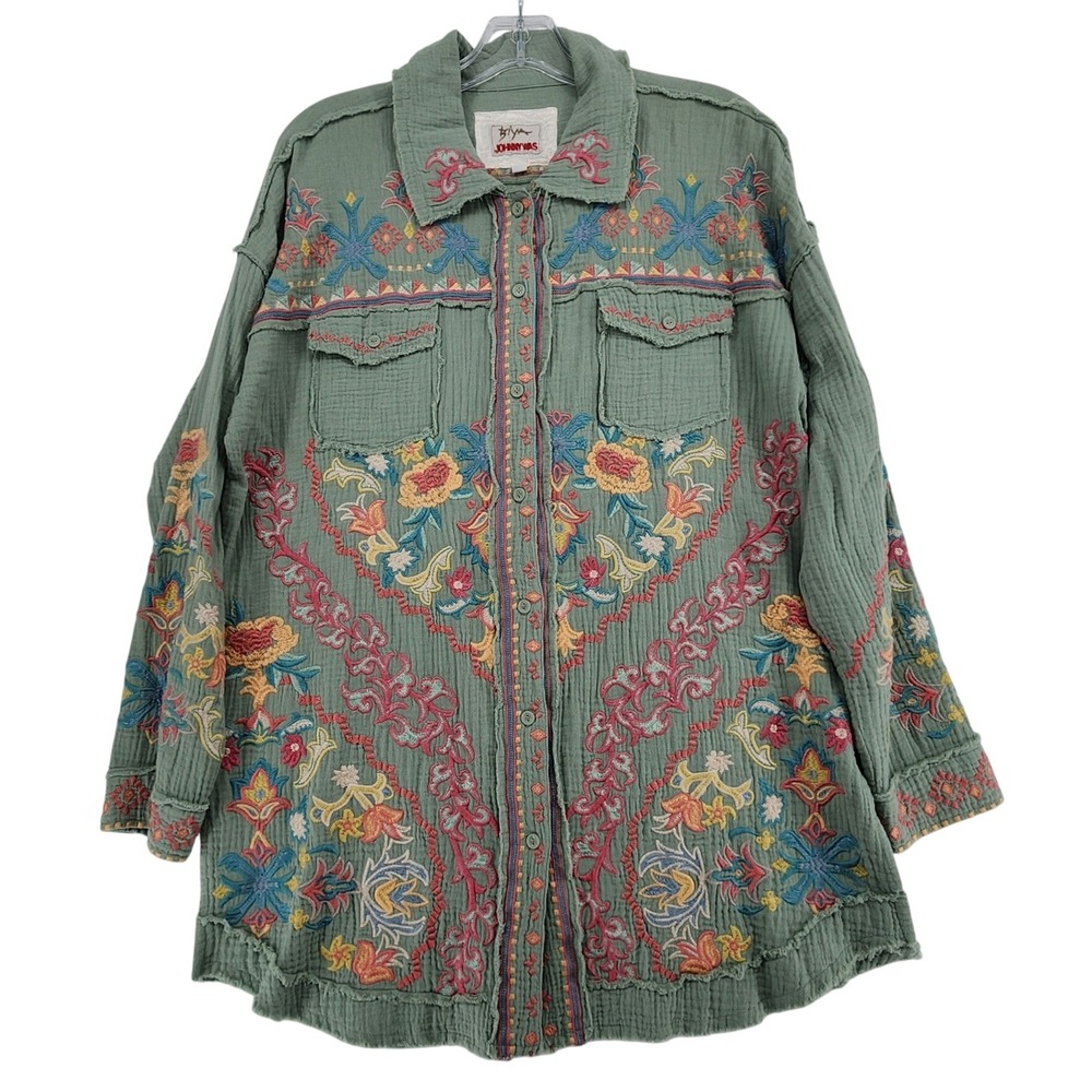 Johnny Was Biya S Green Embroidered Cotton Gauze Boho Peasant Button Down Shirt